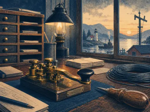 A vintage brass telegraph key on a wooden desk overlooking a seaside harbor with a lighthouse at sunset.