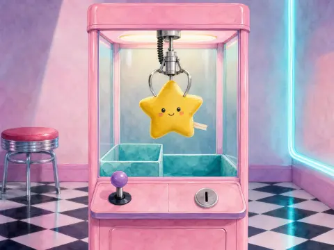 A retro pink claw machine holding a cute yellow plush star inside an arcade with checkered floors.