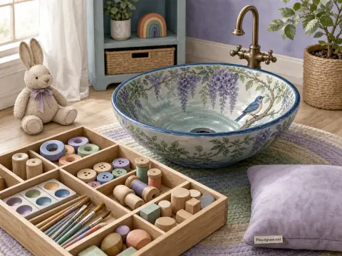 A decorative ceramic basin with painted wisteria beside a wooden organizer tray filled with art supplies and toys.