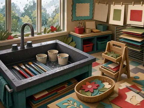 An art classroom washbasin with soaking paintbrushes beside craft tables and a rainy window.