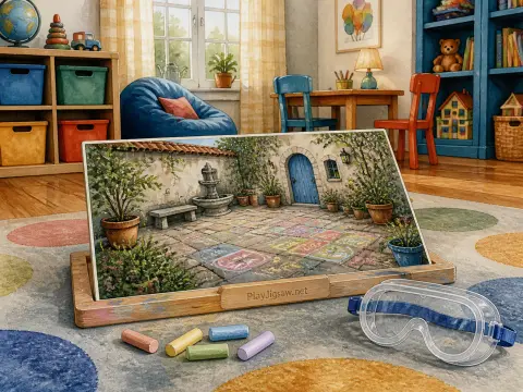 A playroom rug with chalk sticks, goggles, and a painted picture of a Mediterranean courtyard set on a wooden stand.