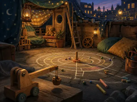 A cozy rooftop play fort at dusk with star-patterned curtains, glowing lanterns, a chalk target, and wooden toys.