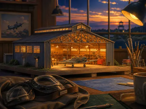 A miniature illuminated airplane hangar diorama on a workbench beside aviator goggles and blueprints at sunset.