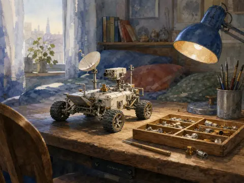 A miniature planetary rover model rests on a wooden desk alongside small metal parts and a glowing blue lamp.