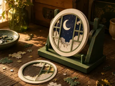 Layered circular paper art of a crescent moon and clouds set on a green wooden stand atop a sunlit table.