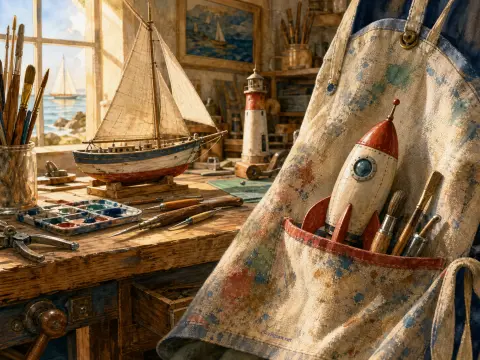 A craftsman workbench with a model sailboat, tools, and an apron holding a toy rocket overlooking a sunny sea.