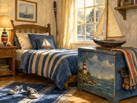 Sunlit nautical-themed bedroom with a striped bed, a model sailboat atop a painted sea trunk, and shoes on the rug.
