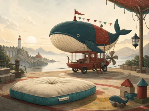 A whimsical whale-shaped airship parked on a terrace overlooking a quiet bay and lighthouse.