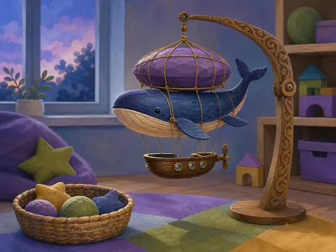 Whimsical whale airship mobile with a wooden ship basket hanging from a carved stand in a cozy nursery.