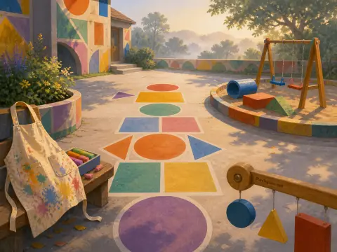 A preschool playground with colorful geometric shapes painted on the pavement, swings, a sandbox, and an artist apron on a bench.