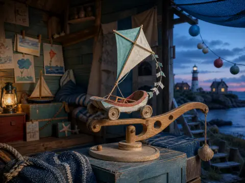 A handcrafted wooden toy boat with a kite sail rests on a stand in a coastal shed overlooking a lighthouse at dusk.