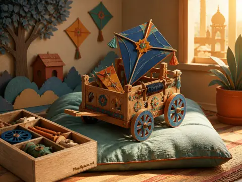 A miniature wooden toy wagon holding decorative kites rests on a pale cushion by a sunny window.