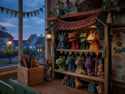 Colorful dragon hand puppets arranged on a wooden miniature theater shelf by a window at twilight.