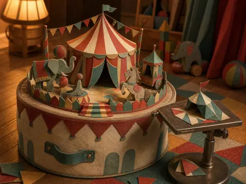 A miniature handcrafted papercraft circus with a striped tent, elephant, horse, and seal atop a vintage round box.