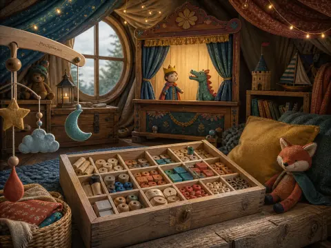 A cozy playroom nook with an ornate puppet theater showing a prince and dragon, beside a box of wooden beads and plush toys.