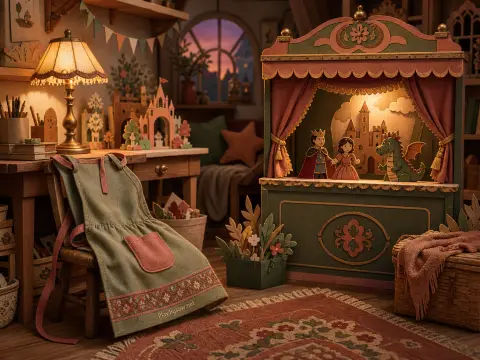 A miniature wooden puppet theater with prince, princess, and dragon figures set inside a cozy craft room.