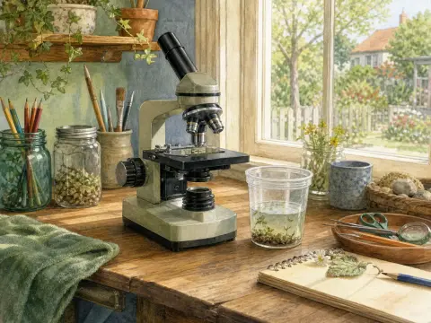 Microscope, specimen jars, and a sketchbook on a sunlit wooden desk overlooking a bright garden window.
