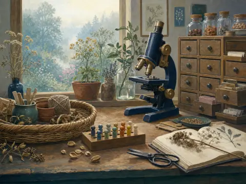 A dark blue microscope sits on a wooden desk beside an open botanical book, dried plants, and specimen drawers.