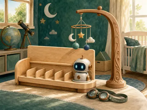 A small white toy robot in a wooden rack beside a wooden celestial mobile and goggles in a cozy nursery.