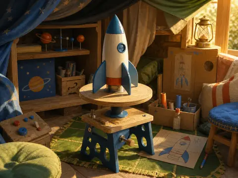 A wooden toy rocket sits on a crafting stool inside a sunlit blanket fort surrounded by space toys and sketches.