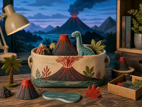 A wooden dinosaur and toy volcanoes inside and around a fabric basket, set before a painted volcanic backdrop.