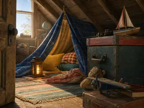 A cozy blanket tent inside a rustic attic surrounded by vintage toys, trunks, and a glowing lantern.