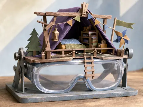 Miniature cardboard tent fort with a bed, books, and bunting built on top of safety goggles on a metal stand.