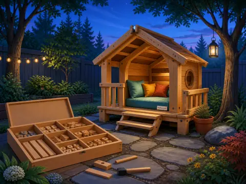 A cozy wooden backyard playhouse at dusk with cushions, string lights, and an open box of wooden building blocks.
