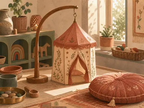 A miniature hanging play tent with floral patterns sits near a round floor cushion in a sunny room.
