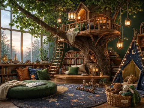 Cozy indoor playroom with a wooden treehouse loft, starry play tent, bookshelves, and large windows at twilight.