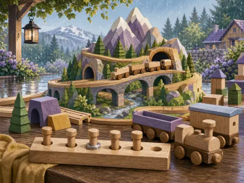 Wooden toy train set winding around carved mountain tunnels and stone bridges on a table in front of a rainy village.