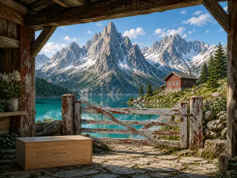 A rustic timber gate looks out over a turquoise alpine lake, red mountain cabin, and jagged snowy peaks.