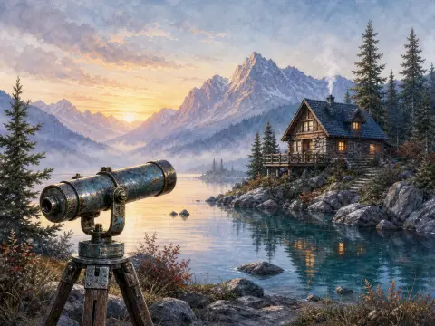 A vintage telescope overlooks an alpine lake and a cozy stone cabin nestled against rugged mountains at sunrise.