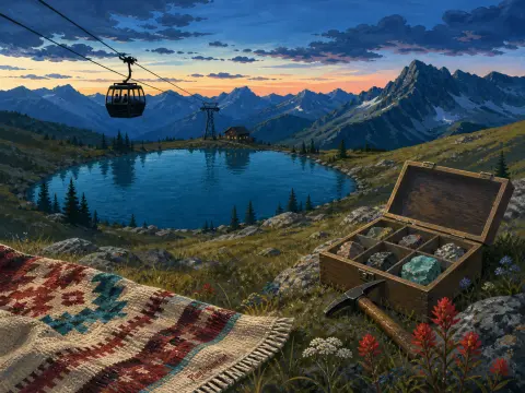 A wooden mineral collection box and blanket rest on a grassy mountain ridge overlooking an alpine lake and cable car.