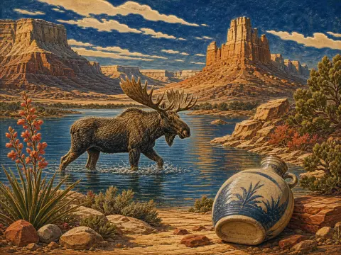 A large moose wades through a lake surrounded by desert canyon cliffs, with a ceramic jug on the foreground shore.