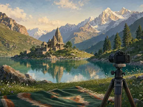 A camera on a tripod overlooking a turquoise mountain lake with an ornate stone temple and snowy alpine peaks.