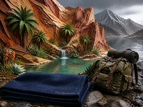 A folded blue blanket and green backpack rest before a canyon oasis with palm trees and a waterfall.