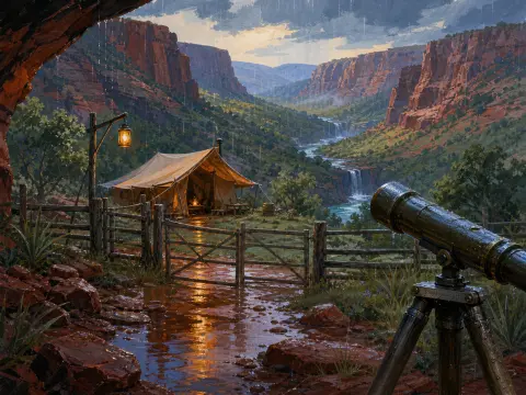 A canvas campsite and telescope overlook a rainy red rock canyon with distant waterfalls and a winding river.