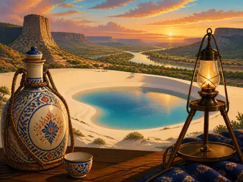 A glowing lantern and ornate ceramic jug on a ledge overlooking a turquoise desert pool and canyon sunset.