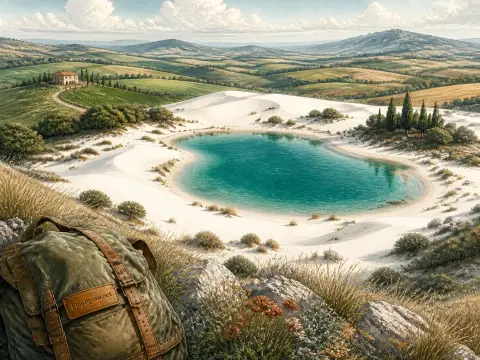 A hiker's backpack rests on a hill overlooking a bright turquoise lagoon framed by white sand and rolling farmland.