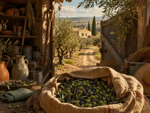 Freshly harvested olives in a burlap sack inside a rustic shed looking out onto an olive grove and stone farmhouse.