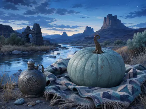 A turquoise pumpkin and antique flask rest on a blanket beside a desert river flowing past towering stone mesas.