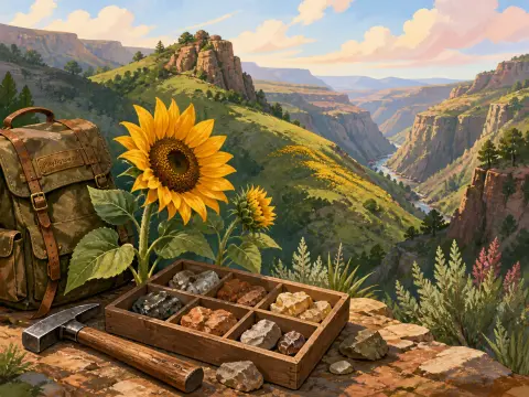 A backpack, bright sunflower, and wooden tray of mineral samples overlook a deep canyon valley with a winding river.