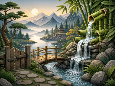 Bamboo water fountain cascading into a stream beside a wooden footbridge and distant snowy mountains at sunrise.
