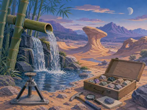 Bamboo pipes pour water into a pool beside a geologist's rock specimen box in an arid canyon landscape.