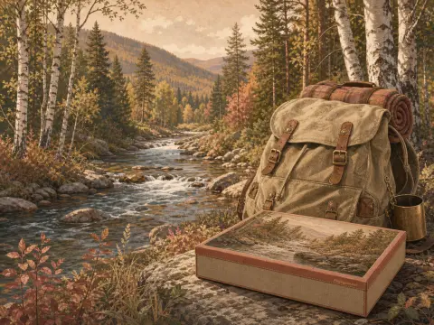 Vintage canvas backpack and keepsake box resting on a rock overlooking a rushing autumn forest creek.
