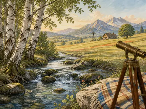 Birch trees and a brass telescope beside a rocky mountain stream flowing past green hills toward distant peaks.