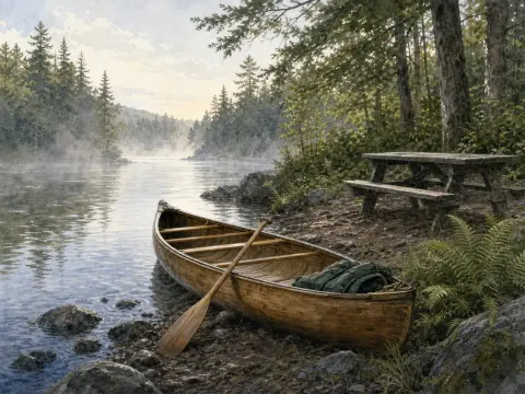 A wooden canoe with an oar rests along a rocky lake shore near a weathered picnic table under pine trees in morning mist.