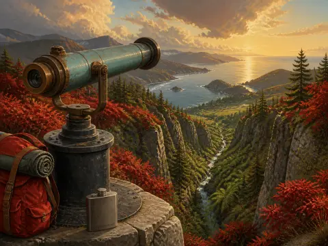 A viewing telescope and hiker's pack on a cliff overlook a forested ravine and coastal bay at sunset.
