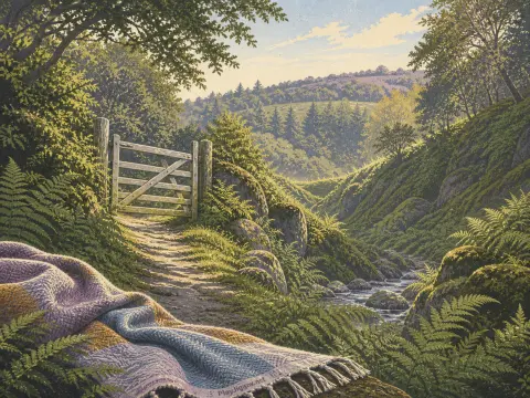 A rustic wooden gate beside a stone path overlooking a rocky forest stream with a picnic blanket in the foreground.